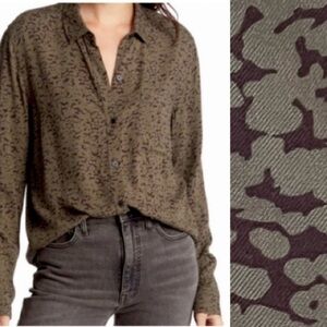 Rails Rocsi Olive Black Spots Button Down Blouse Long Sleeve Top Size Large